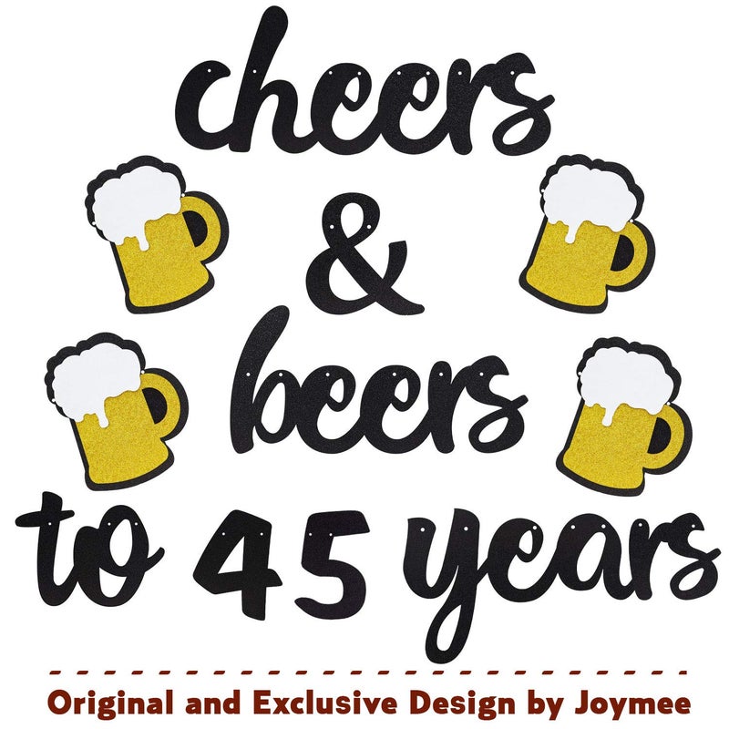 Joymee 45 Birthday Decorations for Men Women - Cheers to 45 Years Banner Pre-Strung, Glitter 45th Birthday Decorations Party Supplies (Black Gold) - Image 4
